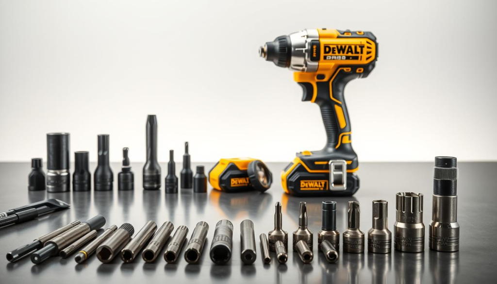 A well-lit, high-resolution photograph of an assortment of DEWALT XR impact driver accessories arranged on a sleek, modern workbench. In the foreground, the accessories are displayed prominently, including a variety of driver bits, sockets, and adapters. The middle ground features the DEWALT XR impact driver itself, its sturdy design and chrome accents gleaming under the studio lighting. In the background, a clean, minimalist setting with a subtle texture or gradient emphasizes the precision engineering of the tools. The overall mood is one of professional-grade power and versatility, capturing the essence of the DEWALT XR impact driver and its accompanying accessories.