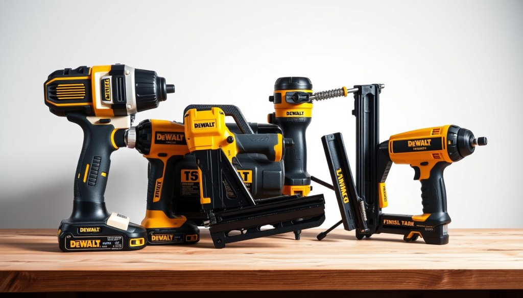A well-lit, high-resolution photograph of an assortment of DEWALT air compressor tools, including a heavy-duty impact wrench, a finish nailer, an air hammer, and a brad nailer, arranged on a wood workshop table. The tools are showcased against a clean, white background, highlighting their sleek, black and yellow design. The lighting casts dramatic shadows, emphasizing the tools' sturdy construction and precision engineering. The composition is balanced, with the tools strategically positioned to create a visually appealing and informative display.