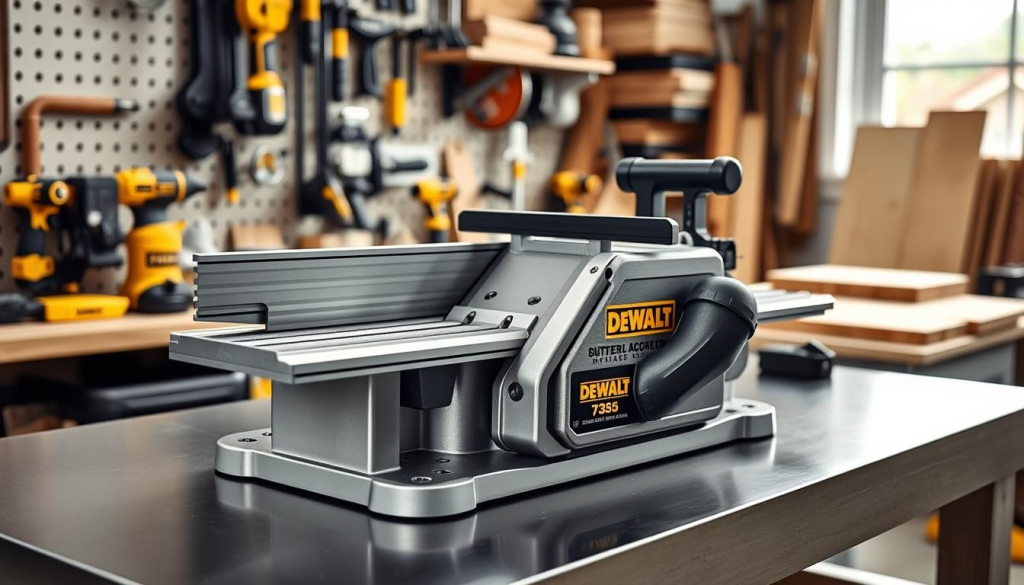 A well-lit, high-resolution photograph of the DEWALT 735 benchtop thickness planer placed on a sleek, modern workbench. The planer is prominently displayed in the foreground, showcasing its robust and sturdy design, with a sharp focus on the precision-engineered cutting blades and the smooth, polished aluminum construction. The middle ground features various woodworking tools and accessories, hinting at the planer's versatility and suitability for professional-grade projects. The background is softly blurred, drawing the viewer's attention to the star of the image - the DEWALT 735 planer, a testament to the brand's commitment to quality and performance.