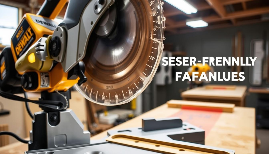 A well-lit, high-resolution photograph showcasing the user-friendly features of the DEWALT 7491RS compound miter saw. In the foreground, the saw's intuitive controls, such as the clear angle indicator and easy-to-read bevel scale, are prominently displayed. The middle ground features the saw's ergonomic handle and sturdy base, highlighting its comfortable and stable design. In the background, the saw's precision laser guide and spacious work surface are visible, demonstrating its versatility and attention to detail. The overall image conveys the saw's ease of use, robustness, and thoughtful engineering, perfectly complementing the "User-Friendly Features" section of the article.