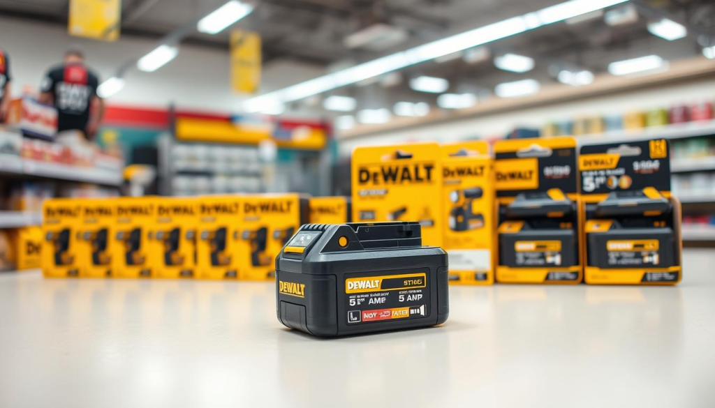 A well-lit, high-resolution photograph showcasing various purchase options for a Dewalt 5 Amp battery. In the foreground, the battery itself, captured from an angle that highlights its sturdy design and Dewalt branding. In the middle ground, an array of retail packaging, including individual battery units and multi-packs, presented on a clean, neutral surface. The background features a blurred but recognizable hardware store or power tool department, conveying a sense of the product's availability and accessibility. Lighting is soft and natural, emphasizing the battery's quality and reliability. The overall mood is one of professionalism, practicality, and consumer-friendly product information.