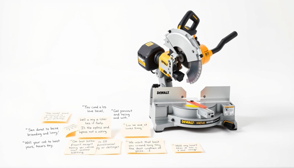 A well-lit, high-resolution product shot of the Dewalt DWS780 miter saw, positioned on a clean, minimalist white background. The saw is prominently displayed, showcasing its precise construction and sturdy design. The image captures the saw's key features, such as its large cutting capacity, bevel and miter adjustments, and dust collection system. In the foreground, a series of customer testimonials and product feedback appear as handwritten notes, neatly arranged to convey a sense of authenticity and user satisfaction. The overall composition strikes a balance between the technical details of the saw and the personal experiences of its owners, creating a visually compelling and informative representation of the "Customer Testimonials and Feedback" section.