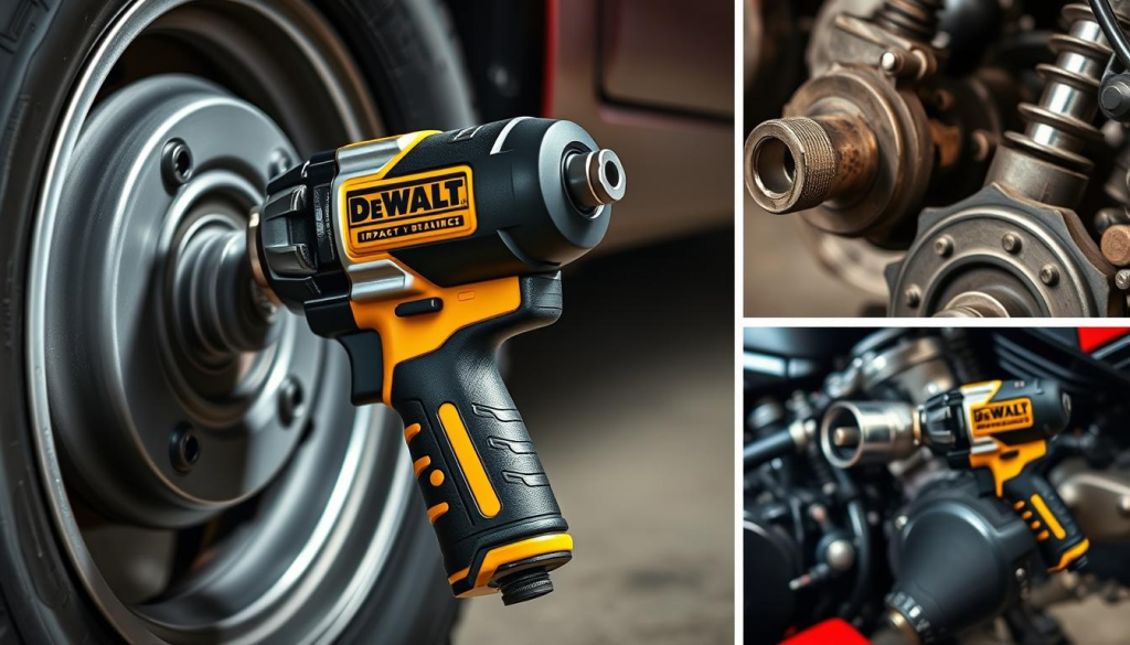 A well-lit, high-resolution shot of a DeWalt 1/2 inch impact wrench being used in various real-world applications. In the foreground, the sturdy and ergonomic wrench is shown tightening a lug nut on a car tire, showcasing its power and precision. In the middle ground, the wrench is used to loosen a rusted bolt on a piece of heavy machinery, demonstrating its effectiveness even in challenging situations. In the background, the wrench is attached to a socket and being used to disassemble the engine of a motorcycle, highlighting its versatility across automotive and industrial tasks. The scene conveys a sense of productivity, durability, and the wrench's ability to handle a wide range of real-world applications.