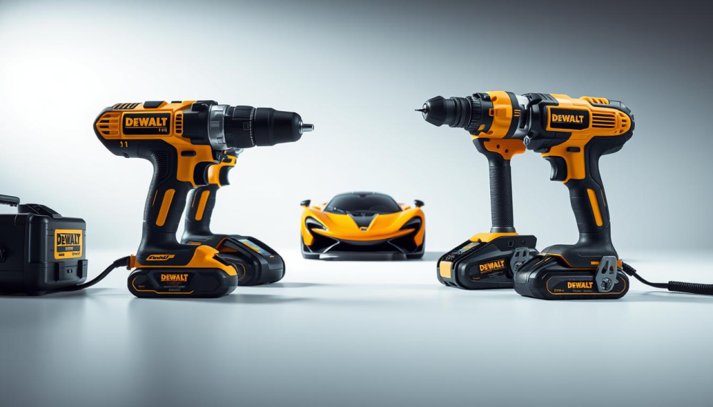 A well-lit, high-resolution side-by-side comparison of DEWALT power tools and corresponding McLaren automotive tools, captured at a slight angle. The DEWALT tools are showcased in the foreground, their sleek, black and yellow design complemented by the McLaren tools in the middle ground, which feature the iconic McLaren orange and carbon fiber accents. The background has a clean, minimalist studio setting, allowing the tools to take center stage. The lighting is soft and diffused, creating a professional, aspirational atmosphere that highlights the quality and precision of both brands.