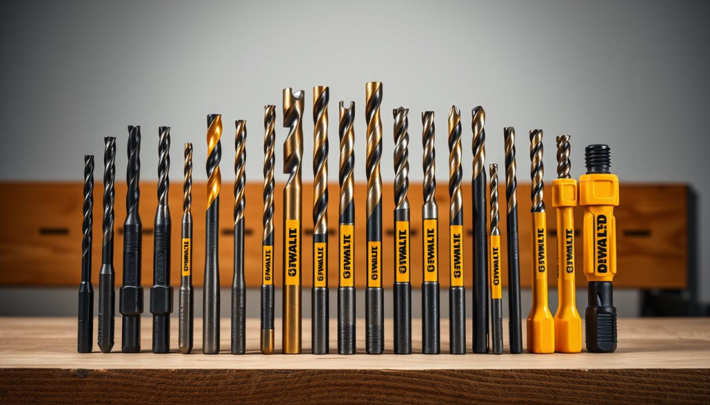 A well-lit, high-resolution still life image of a diverse set of DeWalt XR hammer drill bits arranged neatly on a wooden workbench. The bits are showcased in the foreground, with a clean, minimalist background that highlights their sleek, industrial design. The lighting casts subtle shadows, accentuating the textures and contours of the drill bits. The composition is balanced, with the bits positioned to showcase their size, shape, and functional details. The overall mood is one of professionalism, quality, and attention to detail, reflecting the reliability and versatility of the DeWalt XR hammer drill system.