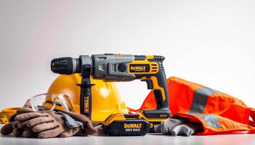 A well-lit, high-resolution studio photograph of a DeWalt 20V Max Hammer Drill surrounded by various safety equipment, including a hardhat, safety goggles, work gloves, and a high-visibility safety vest, all arranged in a thoughtful, visually appealing composition. The hammer drill should be the focal point, with the safety gear displayed prominently around it, conveying a sense of importance and attention to safety. The background should be clean and uncluttered, allowing the subject and safety equipment to take center stage. The overall mood should be professional, informative, and emphasize the importance of safety when using power tools.