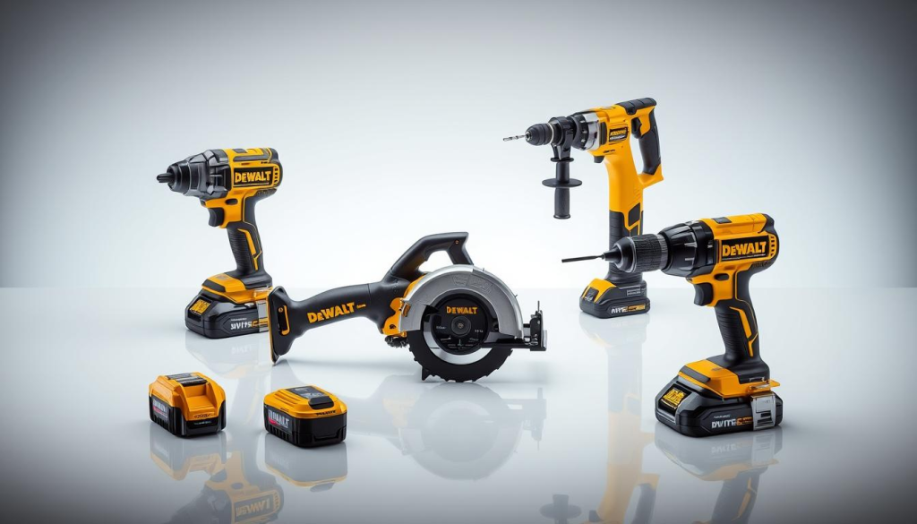 A well-lit, high-resolution studio photograph of an assortment of DEWALT power tools, including a cordless impact wrench, a reciprocating saw, and a rotary hammer drill, arranged on a clean, reflective surface. The tools are showcased in a clean, minimalist style, with a focus on their sleek, modern design and premium construction. The lighting creates a sense of depth and highlights the textures and details of the tools. The overall mood is professional, highlighting the quality and versatility of the DEWALT brand, suitable for use in an article about the DEWALT Quiet Hydraulic Impact.