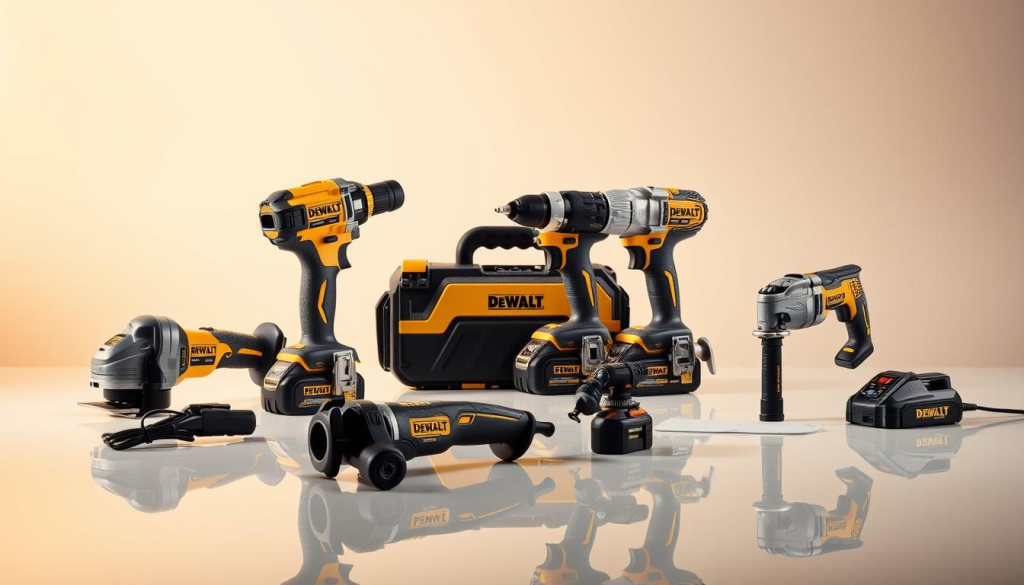A well-lit, high-resolution studio shot of the DEWALT 5-Tool Combo Kit, showcasing the various power tools in the set arranged on a clean, reflective surface. The tools should be captured at different angles, highlighting their sleek design, robust construction, and attention to detail. The lighting should be soft and balanced, creating a warm, inviting atmosphere that emphasizes the premium quality of the tools. The background should be minimalist and uncluttered, allowing the kit to be the focal point of the image. Subtle shadows and reflections should be present, adding depth and dimension to the overall composition.