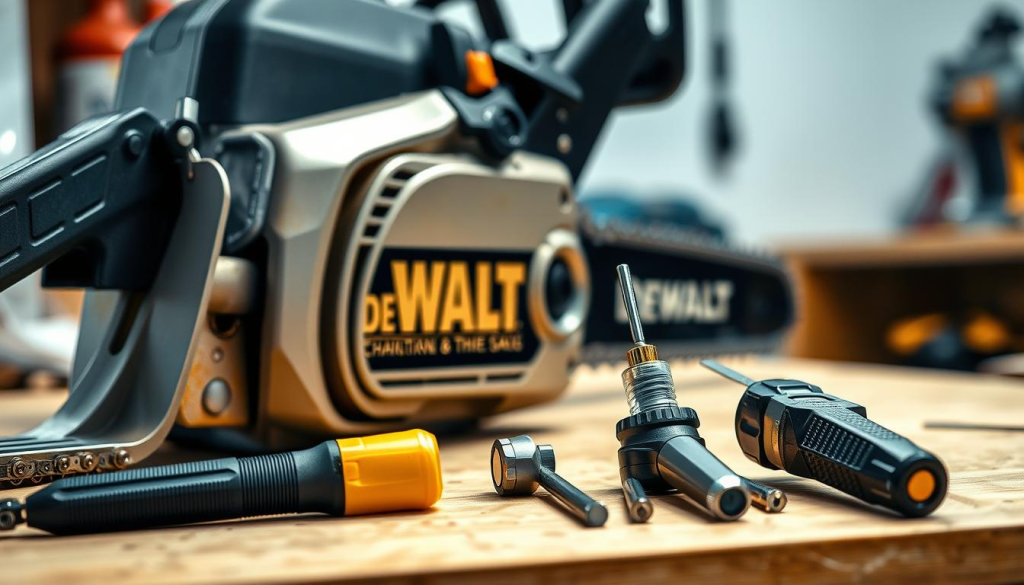 A well-lit, highly detailed close-up shot of a DeWalt 8-inch chainsaw being serviced and maintained on a clean, organized workbench. The chainsaw's shiny metal body and sharp teeth are prominently featured, with the chain and bar meticulously oiled and inspected. In the middle ground, a set of specialized DeWalt maintenance tools, including a chain tensioner, file, and screwdrivers, are arranged neatly. The background is a softly blurred workshop setting, conveying a sense of professionalism and care. The overall mood is one of precision, attention to detail, and a commitment to keeping the powerful chainsaw in peak operating condition.