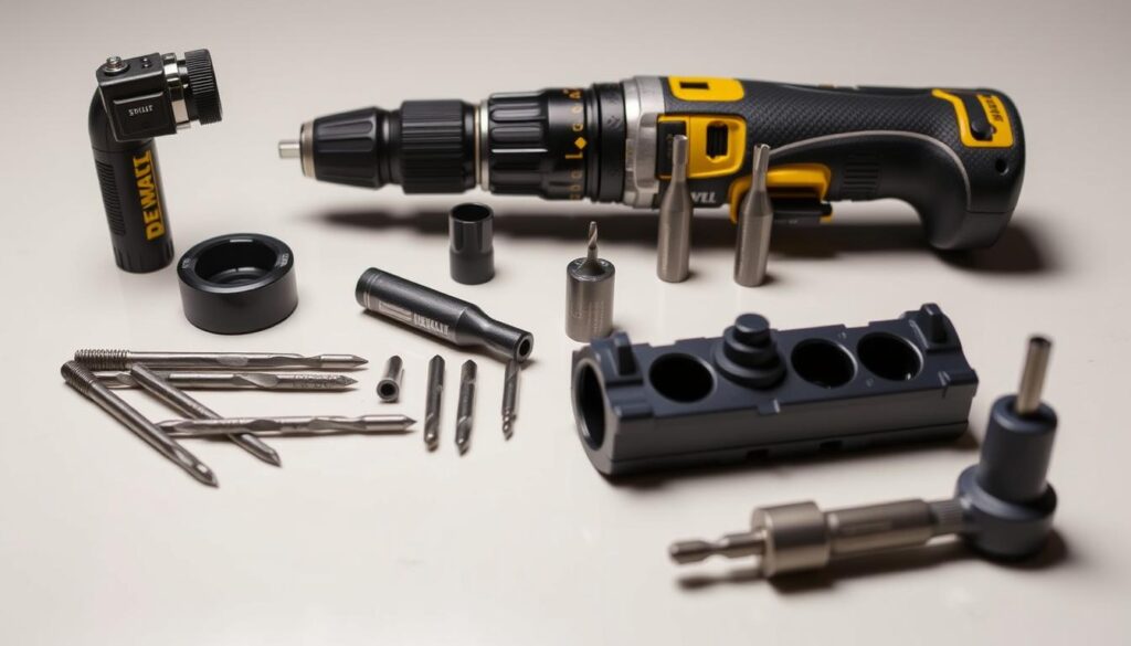 A well-lit, highly detailed image of a diverse selection of DEWALT right angle drill accessories, including a right angle attachment, a depth stop, various drill bits, a countersink tool, and a magnetic bit holder, all neatly arranged on a clean, neutral background with subtle reflections and soft shadows, conveying a sense of professional-grade construction equipment ready for a DIY project.
