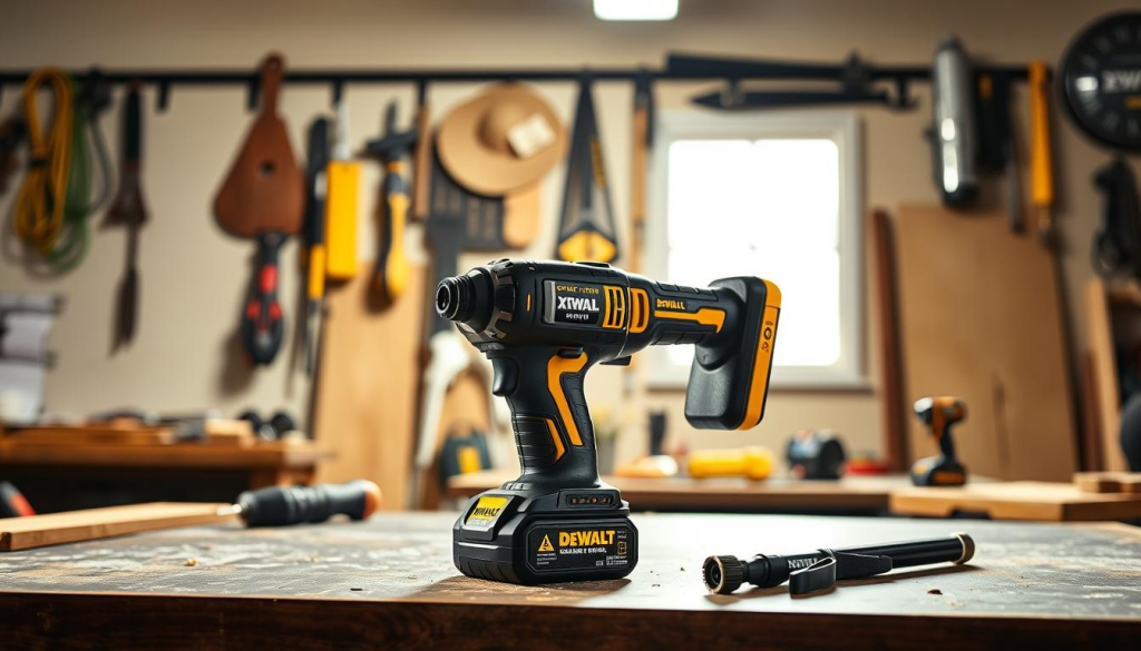 A well-lit home workshop setting, with a DEWALT XR cordless oscillating multi-tool prominently displayed on a workbench. The tool's sleek black and yellow design stands out against a backdrop of various DIY materials and tools, suggesting its versatility for home renovation projects. Soft, directional lighting casts dynamic shadows, highlighting the tool's compact form and ergonomic grip. The overall scene conveys a sense of professionalism and efficiency, demonstrating how the DEWALT XR oscillating tool can seamlessly integrate into a homeowner's toolkit for a wide range of repair and renovation tasks.