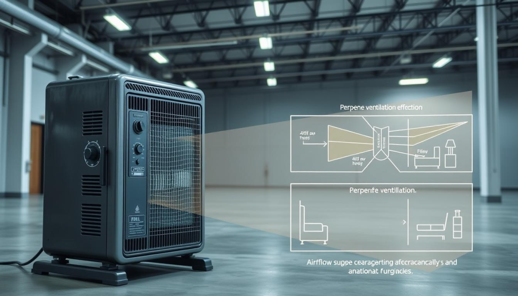 A well-lit industrial space, with a large, sturdy kerosene heater prominently displayed in the foreground. The heater has a sleek, modern design with clear indicators for fuel level, temperature, and airflow control. In the middle ground, technical diagrams and schematics illustrate the proper ventilation setup, showcasing airflow patterns and recommended clearance distances from walls and furniture. The background features a neutral, minimalist environment, allowing the focus to remain on the heater and its ventilation requirements. Lighting is balanced, creating a sense of technical precision and safety. The overall mood is informative and functional, conveying the importance of proper setup and ventilation for efficient and safe kerosene heater operation.