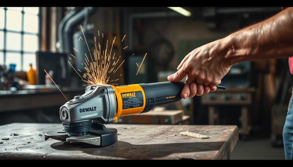 A well-lit industrial workshop, with a DEWALT variable speed grinder positioned prominently on a sturdy workbench. In the foreground, a worker's hands are shown gripping the grinder's body and trigger, their expression one of focused concentration. In the middle ground, common user errors are depicted - sparks fly as the grinder is held at the wrong angle, metal shards scatter across the surface, and a safety guard is left open. The background showcases the workshop's tools and equipment, casting dramatic shadows that heighten the sense of technical precision required when operating the grinder. The overall tone conveys the importance of proper technique and caution when using this powerful metalworking tool.