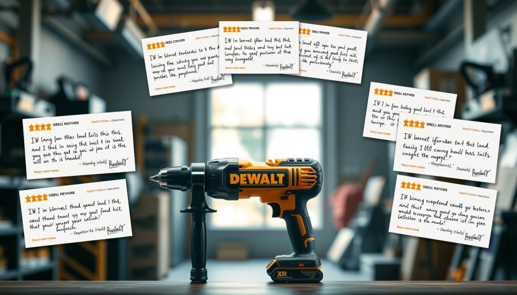A well-lit interior setting, showcasing a prominent DEWALT XR power tool at the center. Surrounding it, a collage of customer review cards with positive testimonials, handwritten notes, and star ratings. The background features a soft, blurred workshop or worksite environment, hinting at the versatility and durability of the tool. The overall composition conveys a sense of trust, reliability, and customer satisfaction with the DEWALT XR brand.