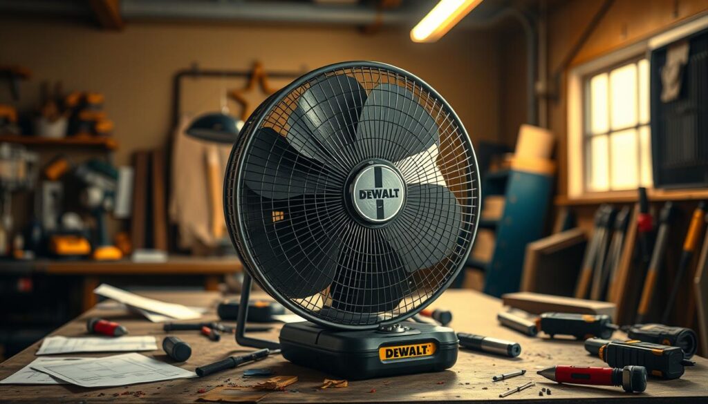A well-lit interior space with a DEWALT cordless fan prominently displayed on a sturdy workbench. The fan's sleek, brushed-metal body and powerful blades capture the attention, showcasing its professional-grade construction. Detailed close-up shots highlight the intuitive controls and variable speed settings. The ambient lighting casts a warm, inviting glow, creating a serene atmosphere for evaluating the fan's performance. Surrounding the fan are scattered notes, user reviews, and tools, conveying a sense of practical, hands-on testing in a real-world workshop environment.