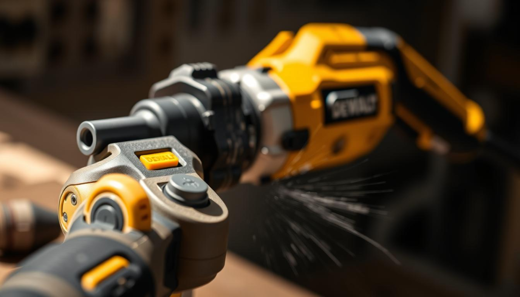 A well-lit, meticulously detailed close-up view of the DEWALT GRABO multipurpose tool, showcasing its sleek and user-friendly design. The foreground features the tool's ergonomic grip, with a focus on the intuitive controls and high-quality materials. In the middle ground, the tool's versatile attachments and functional components are prominently displayed, highlighting its multipurpose capabilities. The background subtly blurs, creating a sense of depth and emphasizing the tool's modern, industrial aesthetic. The lighting is soft and natural, accentuating the tool's clean lines and premium finish. The overall composition conveys the DEWALT GRABO's exceptional design, quality, and suitability for a wide range of workspace tasks.