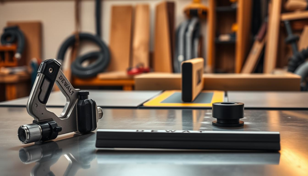 A well-lit, meticulously detailed still life showcasing an assortment of DEWALT table saw accessories. In the foreground, a miter gauge, push stick, and blade guard sit atop a gleaming surface, their metal and plastic components rendered with crisp precision. In the middle ground, a dust collection hose and rip fence are positioned alongside the table saw, their forms and textures clearly defined. The background features a softly blurred workshop setting, hinting at the table saw's versatility and the diverse projects it can accommodate. Warm, directional lighting casts subtle shadows, accentuating the accessories' contours and imbuing the scene with a sense of depth and dimensionality. The overall composition conveys the high-quality, professional-grade nature of the DEWALT table saw and its complementary accessories.