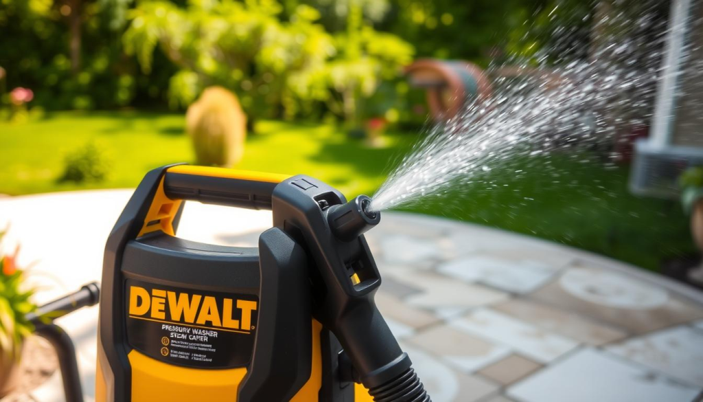 A well-lit outdoor scene on a sunny day, a DEWALT pressure washer in the foreground with its sleek black and yellow design, a patio surrounded by lush greenery in the middle ground, and a clean, freshly washed patio surface in the background. The pressure washer nozzle is pointed at the patio, water spraying with a powerful yet controlled stream, removing stubborn grime and dirt from the concrete. The scene conveys a sense of efficiency, effectiveness, and the ability of the DEWALT pressure washer to tackle tough cleaning tasks with ease.