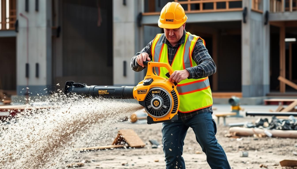 A well-lit, photographic scene of a DEWALT Jobsite Blower being used safely by a construction worker. The worker, dressed in a high-visibility safety vest and hard hat, is operating the blower with both hands, maintaining proper body positioning and control. The blower's powerful air stream is clearing debris from the jobsite in the foreground, while the background features a partially constructed building or work area. The image conveys a sense of efficiency, safety, and professionalism in the use of this specialized outdoor cleanup tool.