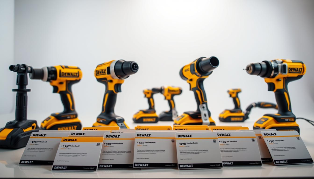 A well-lit product display showcasing a variety of DEWALT power tools, with customer review cards neatly arranged in the foreground. The tools are highlighted with a soft, warm lighting, casting subtle shadows that accentuate their sleek, professional design. In the background, a clean, minimalist studio setting with a plain white backdrop, creating a sense of focus on the products and their user feedback. The overall composition conveys a sense of quality, reliability, and customer satisfaction with the DEWALT brand.
