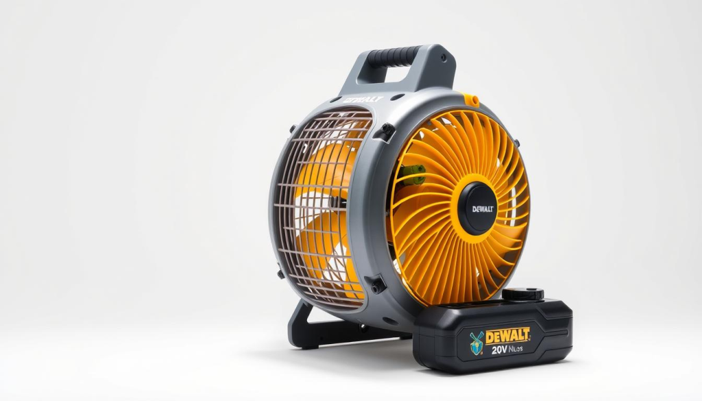 A well-lit, product shot of a DEWALT 20V cordless fan, set against a clean, white background. The fan is positioned in the center, with a clear view of its sleek, gray and yellow design. Highlights include the powerful, brushless motor, adjustable air vents, and ergonomic handle. The lighting is soft and diffused, accentuating the fan's high-quality construction and attention to detail. The scene conveys a sense of durability, functionality, and practical versatility - reflecting the real-world user feedback and product review that this image will accompany.