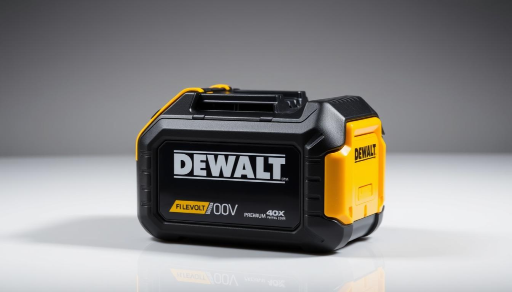 A well-lit product shot of a DEWALT FLEXVOLT 60V MAX battery pack placed on a clean, reflective surface. The battery showcases its sleek, black and yellow design with distinct DEWALT branding. The image highlights the battery's robust construction and premium quality feel. Lighting is diffused and shadowless, emphasizing the battery's dimensional details and metallic accents. The background is a simple, gradient-based studio environment, allowing the subject to be the central focus. The overall mood is professional, informative, and inviting, capturing the essence of a detailed product review.