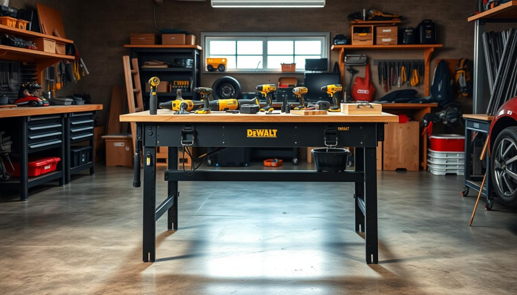 A well-lit, professional-grade Dewalt folding workbench in a spacious workshop, showcasing its versatile uses. The workbench is positioned on a polished concrete floor, with a backdrop of organized tool storage and shelves. On the workbench, an assortment of power tools, hand tools, and projects-in-progress demonstrate its durability and functionality - from woodworking to auto repair. Soft shadows and warm lighting create a harmonious, productive atmosphere, highlighting the workbench's sturdy construction and adaptable design.