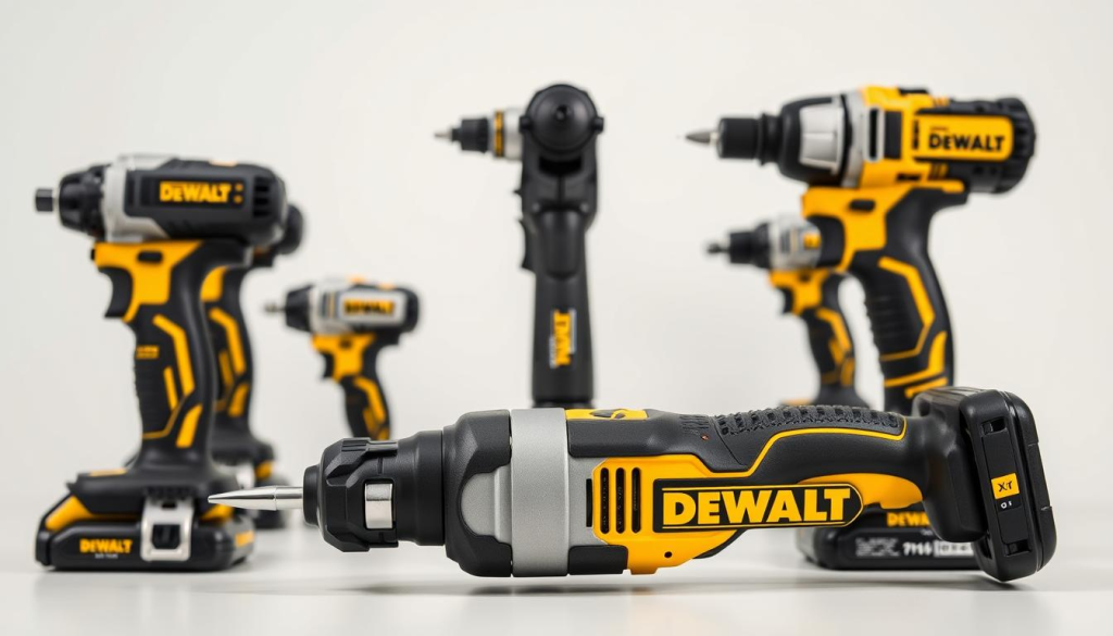 A well-lit, professional-grade product comparison image showcasing the DEWALT XR Oscillating Tool alongside other prominent power tool brands. The foreground features the DEWALT tool prominently displayed, with its key features and specifications clearly visible. The middle ground contains the competing models, arranged in a neat grid layout to facilitate side-by-side comparison. The background is a clean, neutral setting, allowing the tools to be the central focus. Crisp, detailed textures, precise proportions, and balanced lighting create a high-quality, technical aesthetic suitable for an authoritative product review. The overall composition conveys the DEWALT tool's advanced capabilities and position as a leading solution in the oscillating tool market.