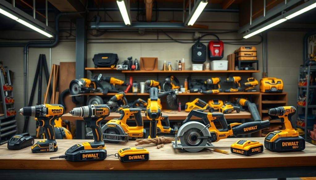 A well-lit, professional-grade workshop setting showcasing an array of DEWALT 60V power tools. In the foreground, a collection of their flagship cordless tools - a drill, impact driver, and circular saw - resting on a sturdy workbench. The middle ground features a variety of other 60V offerings, including a grinder, reciprocating saw, and leaf blower, all exuding a sense of power and efficiency. The background subtly hints at the rugged construction and industrial aesthetic of the DEWALT brand, with exposed beams, metal shelving, and a sense of purposeful organization. The overall scene conveys the productivity, performance, and versatility of the DEWALT 60V lineup, inspiring the viewer to unlock their own potential.