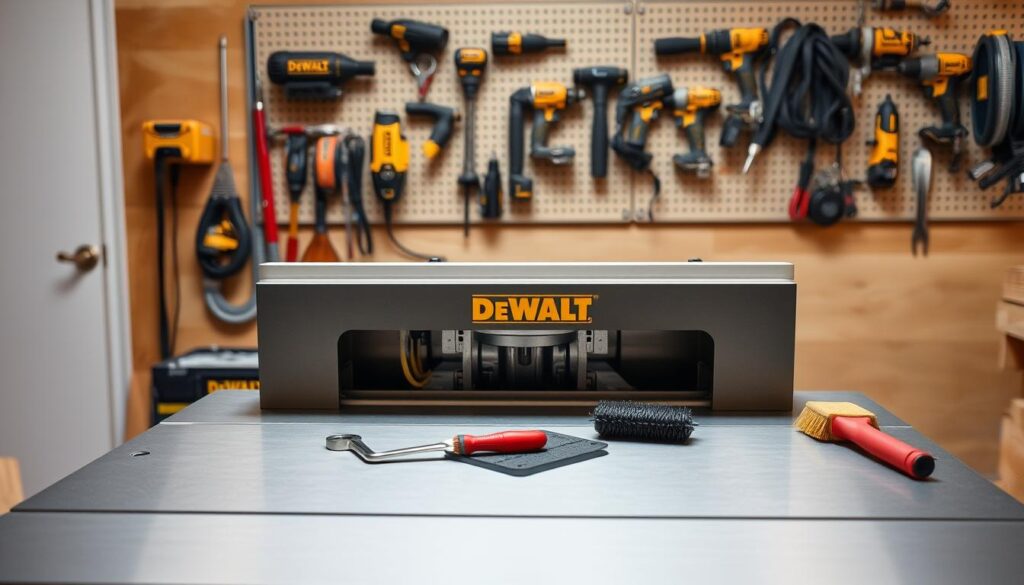 A well-lit, professional-grade workshop. In the foreground, a sturdy DEWALT router table with a smooth, polished surface. The table's internal mechanisms are visible, showcasing its intricate design. In the middle ground, various maintenance tools are neatly arranged, including a wrench, a screwdriver, and a cleaning brush. The background features a wall-mounted pegboard with additional DEWALT power tools, creating a cohesive, organized workspace. The lighting is warm and directional, emphasizing the table's metallic accents and highlighting the attention to detail in its construction. The overall scene conveys a sense of precision, efficiency, and the importance of proper maintenance for the DEWALT router table.
