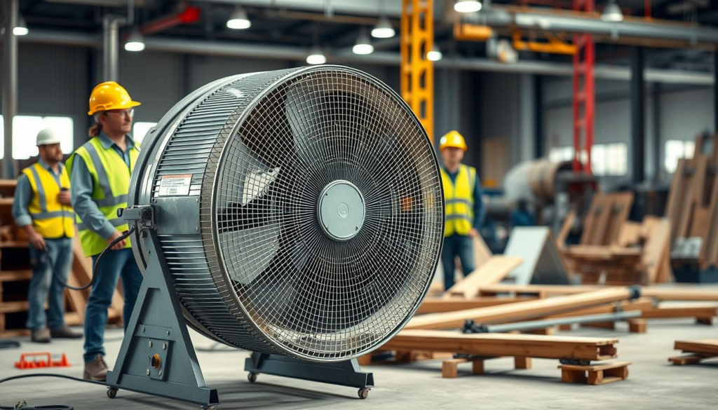 A well-lit, realistic image of a jobsite with a large industrial fan in the foreground. The fan is positioned at a 45-degree angle, creating a gentle breeze across the workspace. Workers in the background are wearing appropriate personal protective equipment, including hard hats, safety glasses, and high-visibility vests. The scene conveys the importance of worker safety, with the fan positioned to avoid potential hazards. The background features construction materials, tools, and other jobsite elements, creating a sense of a functional, active work environment. The overall mood is one of diligence and attention to safety protocols.