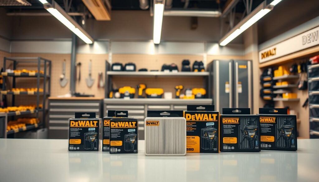 A well-lit retail display showcasing a selection of DEWALT vacuum filters. The foreground features several filter models in their packaging, arranged neatly on a clean, smooth surface. The middle ground depicts a sleek, modern workshop interior with metallic shelving and storage units. The background subtly hints at the larger hardware store environment, with neutral-toned walls and subtle branding cues. The lighting is warm and inviting, casting soft shadows that accentuate the product details. The overall atmosphere conveys a sense of professionalism, quality, and the reliable performance associated with the DEWALT brand.