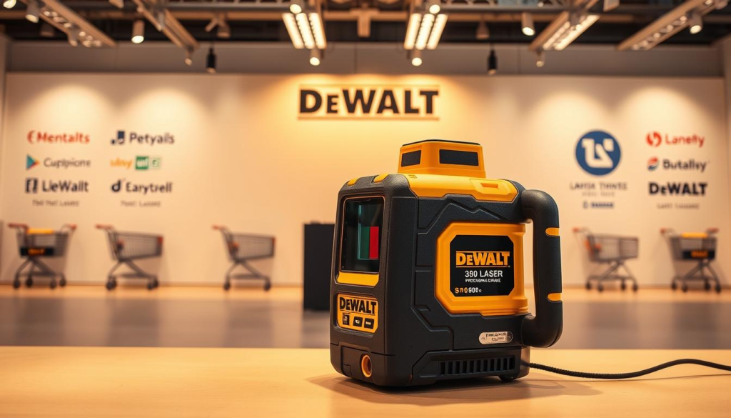 A well-lit showroom display featuring the DEWALT 360 Laser in the foreground, showcasing its compact design and precision controls. The middle ground depicts various purchasing options, such as online retailer logos, shopping carts, and price tags. The background is a clean, minimalist environment with subtle product branding, highlighting the laser's professional-grade capabilities. The lighting is warm and inviting, creating a sense of authority and expertise around the DEWALT 360 Laser. The overall composition emphasizes the accessibility and versatility of purchasing this essential construction tool.