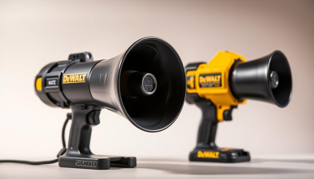 A well-lit side-by-side comparison of two DeWalt air compressor horns, one in the foreground and the other in the middle ground, set against a neutral background. The foreground horn is depicted in crisp detail, showcasing its sturdy construction and prominent branding. The middle ground horn is slightly out of focus, allowing the viewer to concentrate on the distinguishing features between the two models. Carefully positioned lighting casts subtle shadows, emphasizing the shape and contours of the horns. The overall mood is professional and informative, inviting the viewer to closely examine and compare the technical specifications of these reliable signaling solutions.
