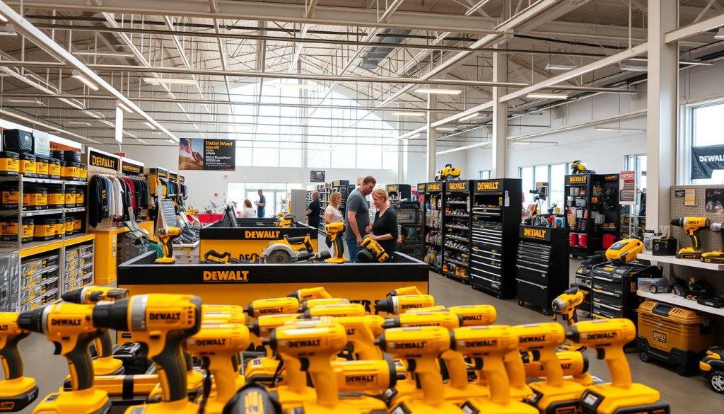 A well-lit, spacious DEWALT Clearance Outlet, showcasing a wide array of power tools and accessories. The foreground features a prominent display of discounted DEWALT cordless drills, impact drivers, and saws, their yellow casings gleaming under the warm overhead lighting. In the middle ground, shoppers browse through neatly organized shelves stocked with marked-down DEWALT toolboxes, outdoor power equipment, and accessories. The background reveals a clean, industrial-style interior with exposed beams and ample natural light filtering in through large windows, creating a sense of openness and a welcoming atmosphere for bargain-hunting DIYers and professionals.