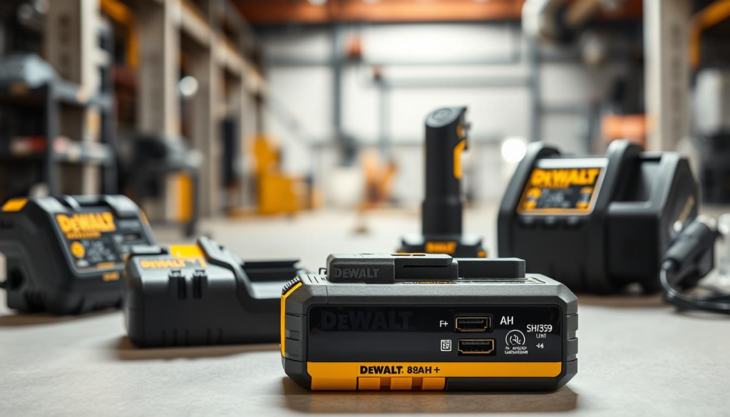 A well-lit still life showcasing the charging options for the DEWALT 8AH battery. In the foreground, the battery rests on a clean, neutral-colored surface. Surrounding it are various DEWALT charging devices, such as a compact wall charger and a larger rapid charger, positioned to highlight their form and functionality. The middle ground features a crisp, detailed view of the battery's physical specifications and ports. In the background, a blurred industrial environment suggests the rugged, high-performance nature of the DEWALT power tools ecosystem. The lighting is soft and natural, emphasizing the sleek, modern design of the charging solutions.