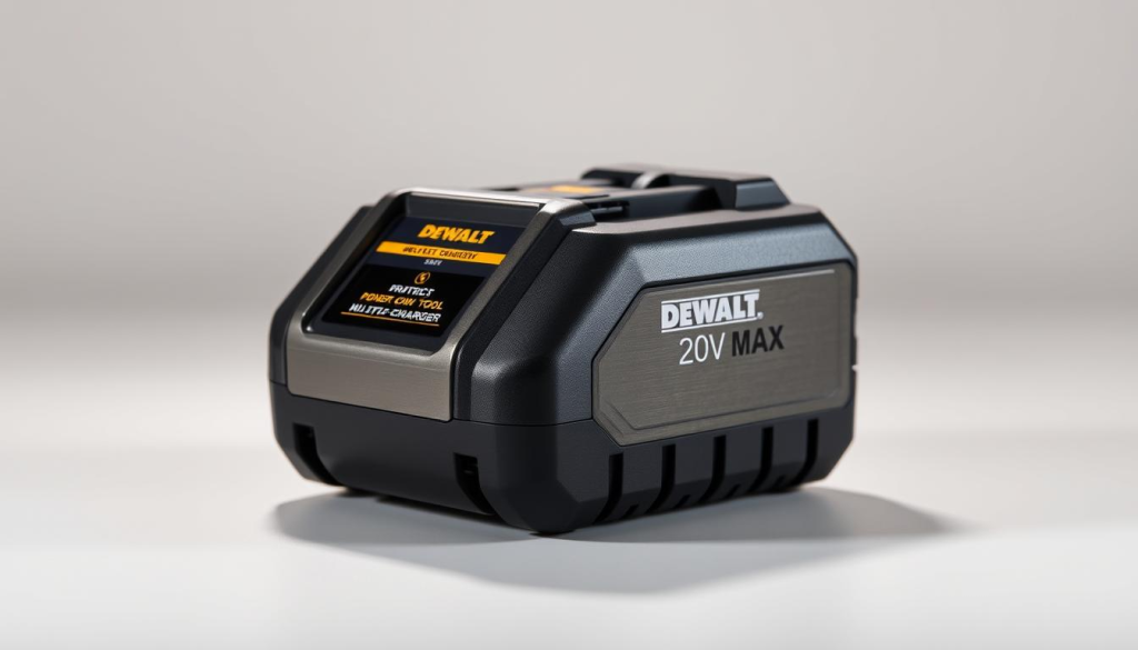 A well-lit studio photograph of a DEWALT 20V MAX cordless power tool multi-charger, placed prominently in the center of the frame. The charger has a sleek, modern design with a brushed metal finish and clean lines. It sits on a smooth, reflective surface, casting a subtle shadow beneath it. The background is a soft, neutral tone, allowing the charger to stand out. The lighting is carefully positioned to accentuate the charger's features, creating highlights and shadows that give it a sense of depth and solidity. The overall mood is professional, showcasing the charger's durability and reliability.