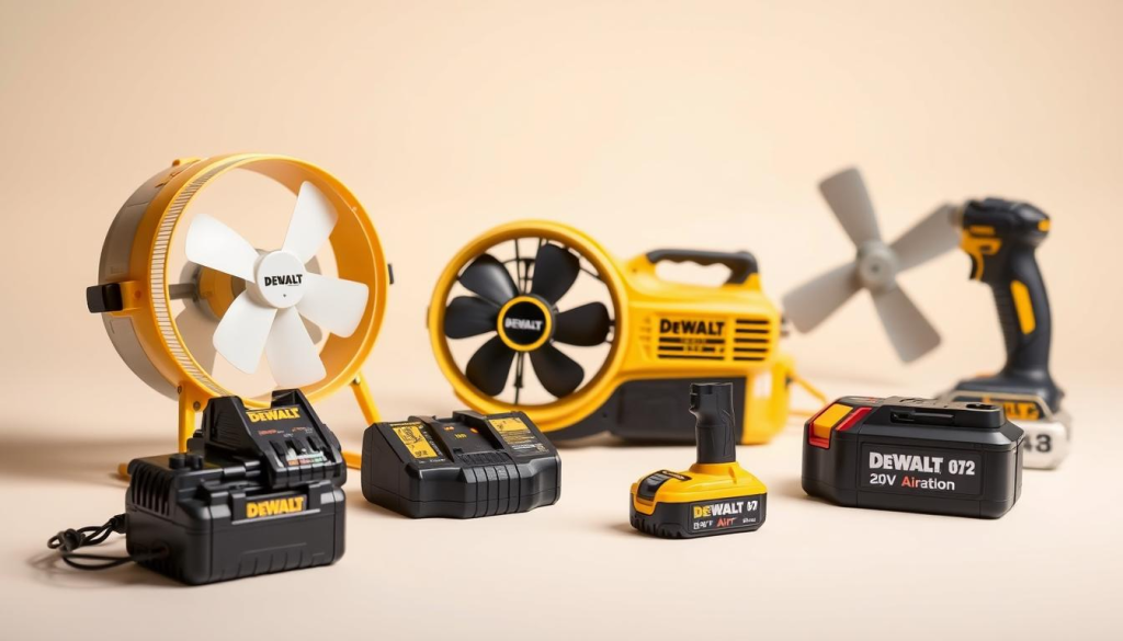 A well-lit studio photograph of various DEWALT 20V cordless fan accessories, including a replacement air filter, a battery charger, and an additional 20V battery. The accessories are arranged neatly on a clean, neutral-colored background, showcasing their high-quality construction and attention to detail. The lighting is soft and even, highlighting the textures and features of each accessory. The camera angle is slightly elevated, providing a clear, unobstructed view of the products. The overall mood is professional and informative, conveying the versatility and compatibility of the DEWALT cordless fan system.