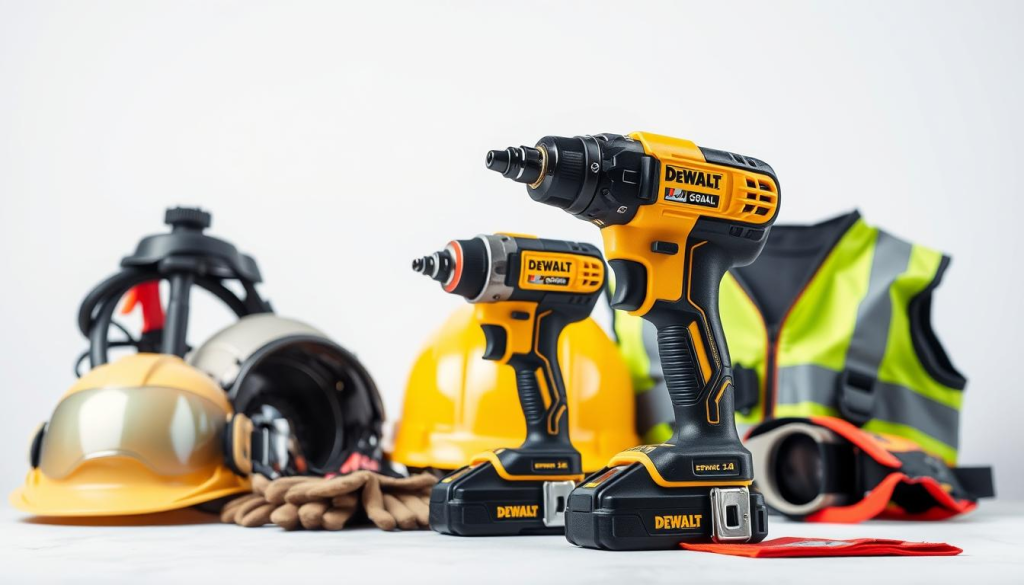 A well-lit studio scene depicting a DeWalt impact wrench surrounded by essential safety gear. In the foreground, the impact wrench sits prominently, its rugged design and yellow accents conveying power and durability. Arrayed around it are various safety items - a hard hat, safety goggles, protective gloves, and a high-visibility vest. The middle ground shows a clean, neutral background, allowing the tools and gear to be the focal point. Soft, even lighting from above creates defined shadows, highlighting the textural details. The overall mood is one of professionalism and attention to workplace safety when operating powerful tools.