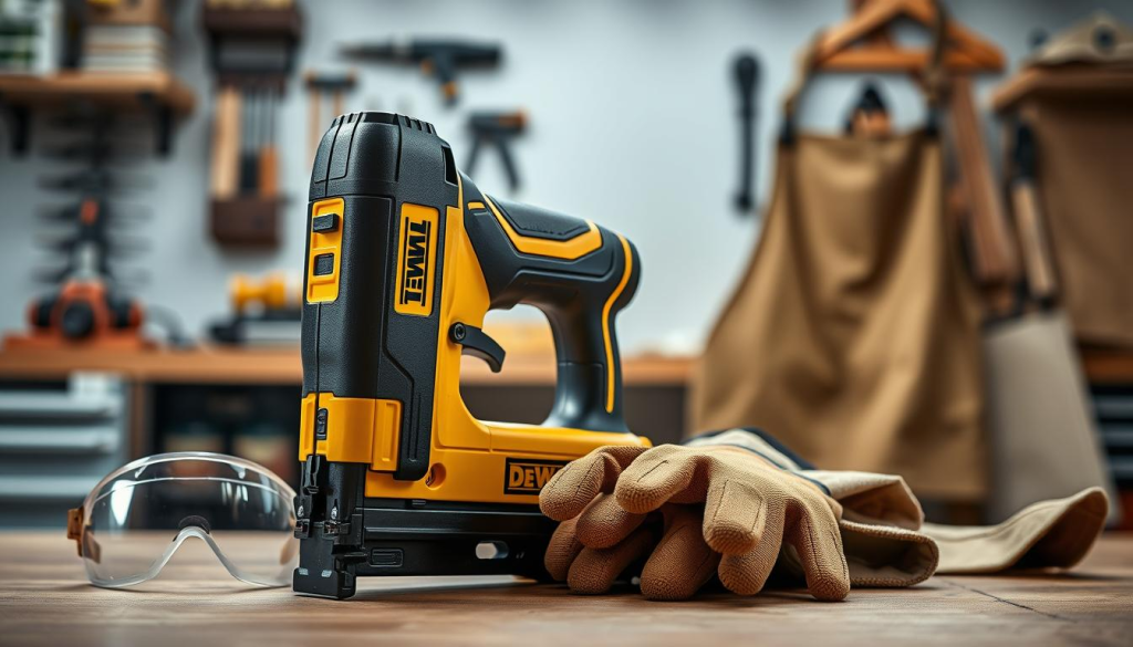 A well-lit studio scene showcasing a DEWALT staple gun and its essential safety equipment. In the foreground, the staple gun is prominently displayed, its sleek black and yellow design suggesting power and precision. Surrounding it are the key safety items - protective goggles with a clear, unobstructed lens, sturdy work gloves with a reinforced palm, and a heavy-duty canvas apron to shield the user's clothing. The mid-ground features a neatly organized workbench, with tools and materials suggesting a DIY workshop setting. The background is softly blurred, maintaining focus on the staple gun and its safety gear. The overall mood is one of professionalism and attention to detail, conveying the importance of using this power tool safely and responsibly.