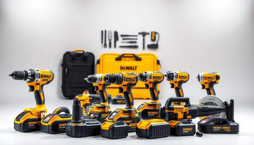 A well-lit studio scene showcasing a collection of DEWALT ATOMIC cordless power tools. In the foreground, a variety of compact, high-performance tools including a drill, impact driver, and reciprocating saw, all finished in the iconic DEWALT yellow. The middle ground features a selection of compatible attachments and accessories, highlighting the versatility of the ATOMIC line. The background is a clean, minimalist space with soft, directional lighting emphasizing the sleek, modern design of the tools. The overall atmosphere conveys the power, precision, and portability that define the DEWALT ATOMIC series, making them the ideal choice for any demanding task or job site.