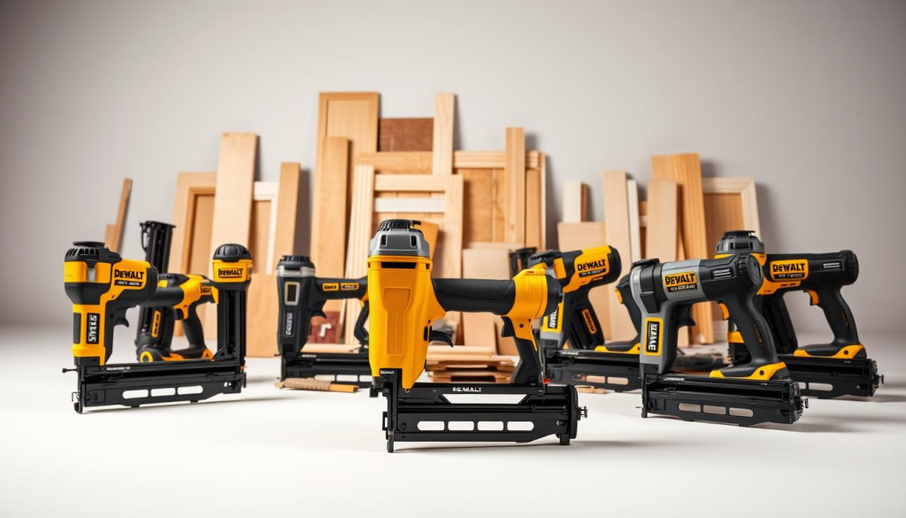 A well-lit studio scene showcasing a comparative display of DeWalt 18-gauge brad nailers. In the foreground, the latest DeWalt model takes center stage, its sleek design and ergonomic features clearly visible. Surrounding it, a collection of competing nailers in various brands and styles, allowing for a side-by-side evaluation of their capabilities and attributes. The middle ground features a neatly arranged set of construction materials, including wood, trim, and other woodworking elements, providing context for the nailers' intended use. The background subtly fades into a neutral, yet professional-looking environment, emphasizing the focus on the tools themselves. Crisp, high-resolution photography with a shallow depth of field creates a sense of visual interest and attention to detail.