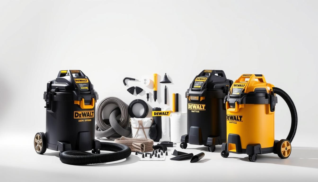 A well-lit studio scene showcasing a lineup of DEWALT wet/dry vacuum models. In the foreground, the latest high-powered DEWALT 6-gallon and 12-gallon wet/dry vac models, their sleek black and yellow designs emphasized by dramatic side lighting. In the middle ground, various DEWALT accessories like hoses, nozzles, and filter bags are arranged neatly. The background features a stark white backdrop, allowing the DEWALT branding and product details to take center stage. The image has a clean, professional feel, highlighting the quality and versatility of these DEWALT wet/dry vacuum solutions for workshop and jobsite use.