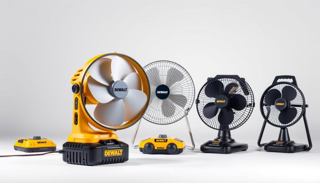 A well-lit studio scene showcasing a side-by-side comparison of a DEWALT cordless fan with its battery pack alongside other popular portable fan models. The DEWALT fan is prominently featured in the foreground, its sleek design and sturdy construction evident. The other fans are arranged in the middle ground, allowing for a detailed visual analysis of their size, shape, and features. The background is a plain, neutral backdrop, ensuring the focus remains on the fans. Soft, diffused lighting illuminates the scene, highlighting the materials and finishes of each product. The overall mood is professional, informative, and conducive to a thorough product comparison.