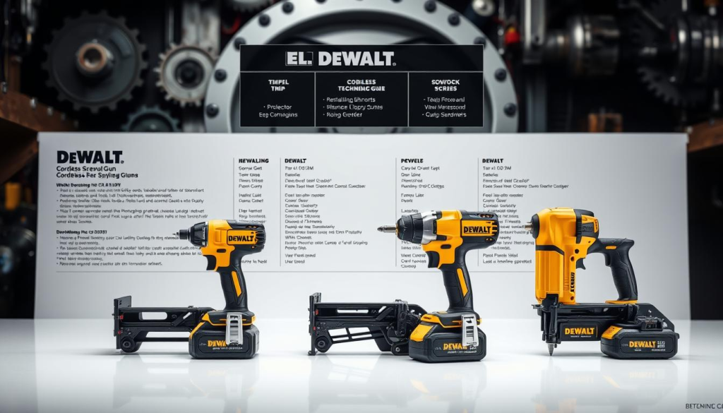 A well-lit studio scene showcasing a side-by-side comparison of three DEWALT cordless screw gun models. The foreground features the screw guns prominently displayed on a clean, reflective surface, highlighting their sleek, modern designs. The middle ground includes technical specifications and key features for each model, presented in a clear, informative manner. The background subtly blends industrial elements like gears and machinery, conveying the power and precision of these professional-grade tools. Soft, directional lighting accentuates the details and textures of the screw guns, creating a sense of depth and dimension. The overall composition strikes a balance between product presentation and technical information, inviting the viewer to closely examine and compare the DEWALT screw gun lineup.