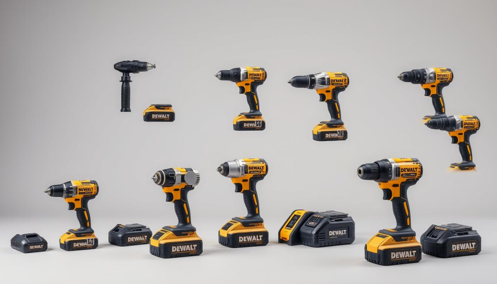 A well-lit studio scene showcasing an assortment of DEWALT 12V power tools, arranged in a visually appealing layout. The tools are cleanly displayed against a muted, uniform background, allowing their compact, ergonomic designs to take center stage. Carefully angled shots highlight the key features and capabilities of each tool, inviting the viewer to compare and contrast the different models. Soft, directional lighting emphasizes the tools' robust build quality and premium finishes. The overall composition conveys a sense of professionalism, functionality, and the versatility of the DEWALT 12V lineup, suitable for a wide range of DIY and professional applications.