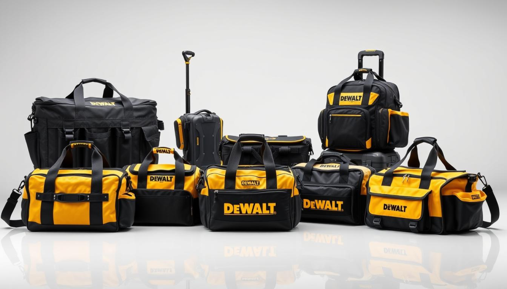A well-lit studio scene showcasing an assortment of DEWALT tool bags in various sizes and styles. The bags are arranged on a clean, reflective surface, allowing for clear visibility of their rugged construction and practical features. The foreground features a selection of heavy-duty canvas and ballistic nylon tool bags in classic black and yellow colors, highlighting their durability and utility. The middle ground showcases a range of specialized bags, such as a rolling tool chest and a backpack-style bag, demonstrating the versatility of the DEWALT brand. The background subtly fades into a clean, neutral backdrop, allowing the products to take center stage. Crisp, even lighting from multiple angles captures the high-quality craftsmanship and attention to detail of these DEWALT tool bags.