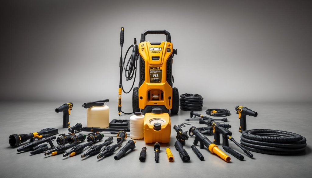 A well-lit studio scene showcasing an assortment of DeWalt 3800 PSI pressure washer accessories. In the foreground, a collection of high-pressure nozzles, detergent tanks, and extension wands are arranged neatly on a sleek, gray surface. In the middle ground, the main pressure washer unit stands prominently, its sturdy construction and bold yellow accents command attention. The background features a clean, minimalist backdrop, allowing the accessories to take center stage. Soft, directional lighting illuminates the scene, casting gentle shadows and highlighting the textures and details of the equipment. The overall composition is balanced and visually appealing, conveying the power and versatility of the DeWalt pressure washer system.