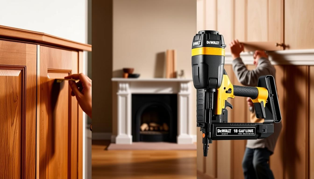 A well-lit studio scene showcasing the versatile applications of the DeWalt 18 Gauge Brad Nailer. In the foreground, the nailer is precisely securing trim pieces to a wooden cabinet. The middle ground depicts the nailer effortlessly fastening decorative molding to a mantelpiece. In the background, the nailer attaches thin wood paneling to a wall, demonstrating its precision and control. Subtle shadows and highlights accentuate the tool's sleek design and sturdy construction. The overall mood is one of functional elegance, highlighting the nailer's ability to seamlessly integrate into a variety of woodworking and home improvement projects.