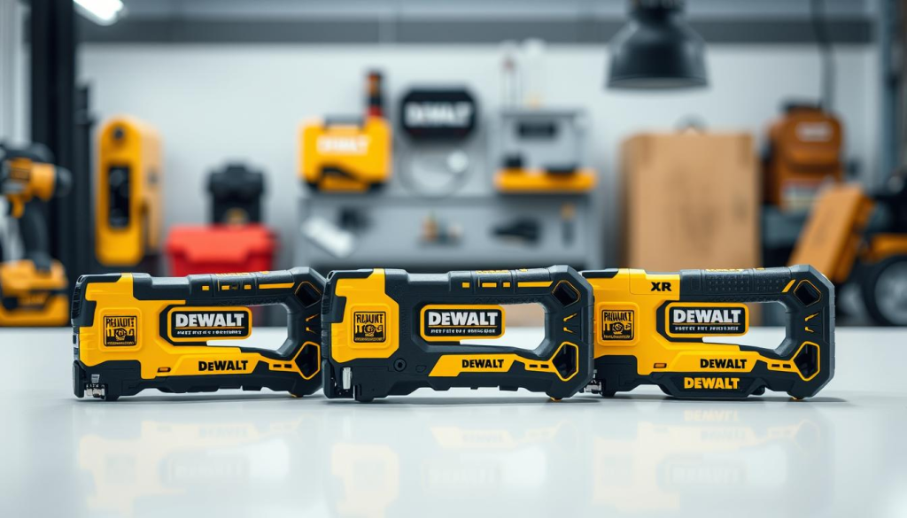 A well-lit studio scene showcasing three DEWALT XR multi-tools in a side-by-side comparison. The tools are placed on a clean, white surface, allowing their sleek, black and yellow designs to stand out. Subtle shadows and reflections add depth and realism. The foreground features the multi-tools prominently, capturing their key features, such as the interchangeable attachments and ergonomic grips. The middle ground provides context, with a blurred background that suggests a professional, workshop-like environment. The overall mood is one of precision, efficiency, and the high-quality craftsmanship that DEWALT is known for.